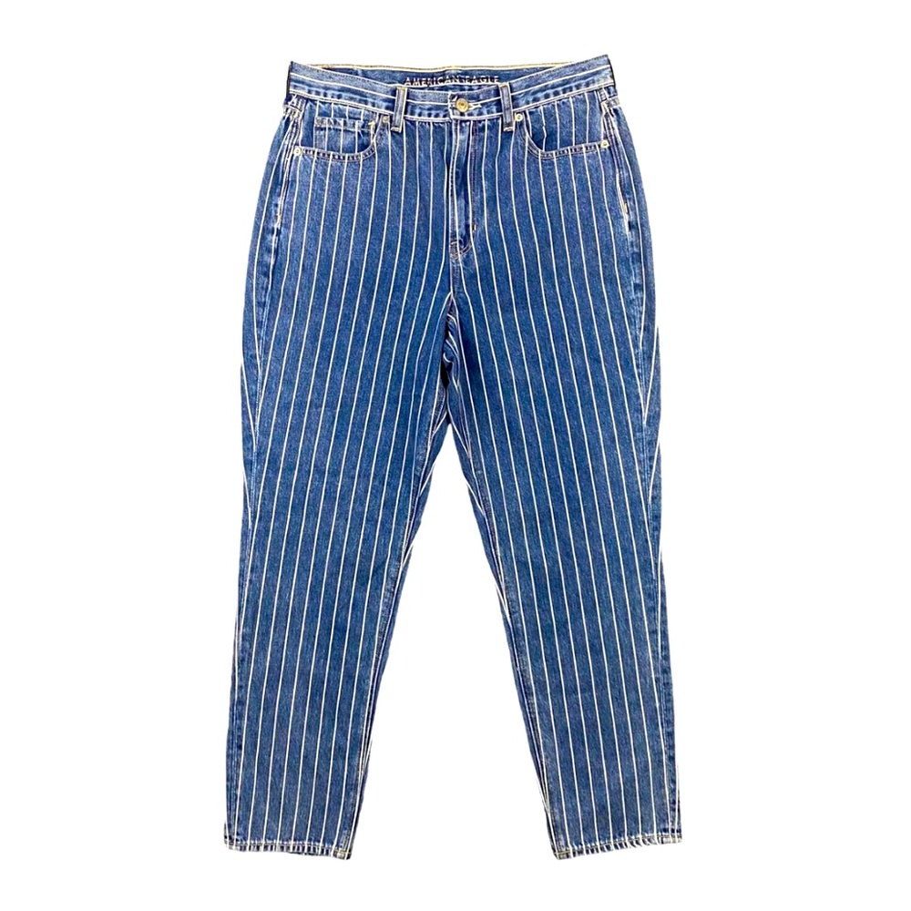 American Eagle Striped Mom Jeans Medium Wash Denim White Stripes Size 8 Short